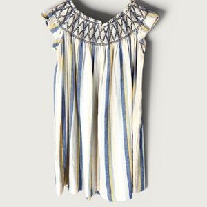 4our Dreamers Blue Yellow Striped‎ Linen Blend Smocked Mini Dress S Boho Coastal